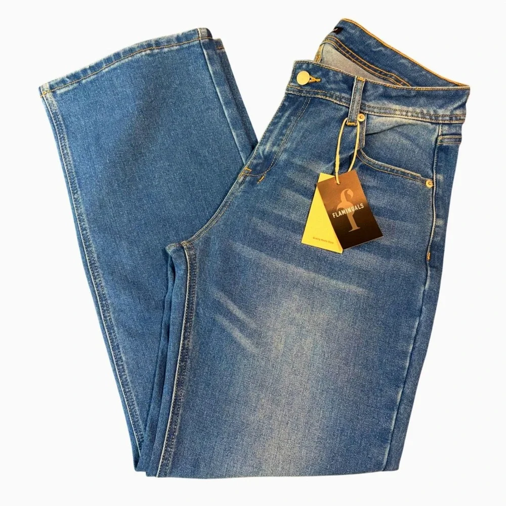 NEW Flamingals High Rise Straight Leg Jeans XL Medium Wash Blue 32X30 #86773